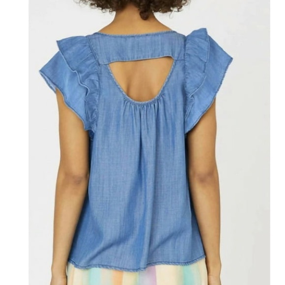 Current Air Blue Chambray Tie Neck Cutout Back Top - M - Picture 3 of 16